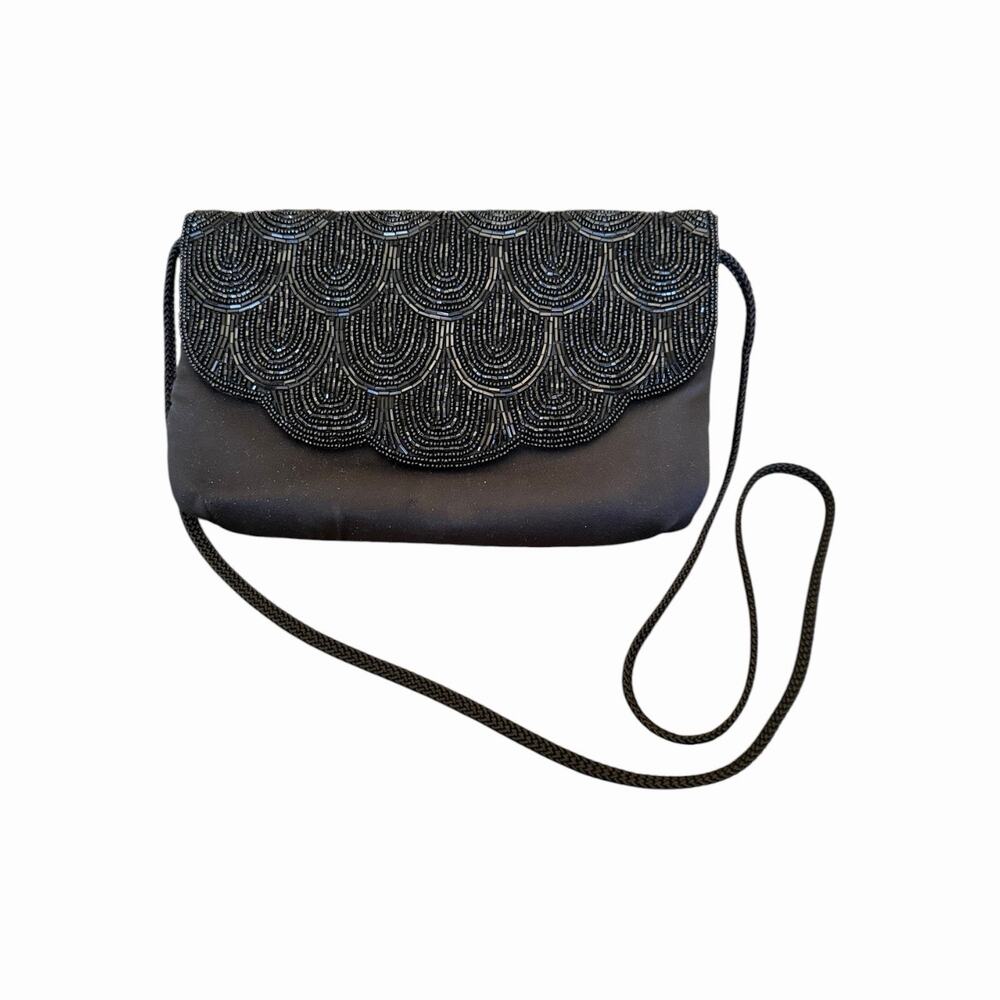 Towanny Black Beaded Evening Bag Scalloped Flap Shoulder Purse Formal Vintage